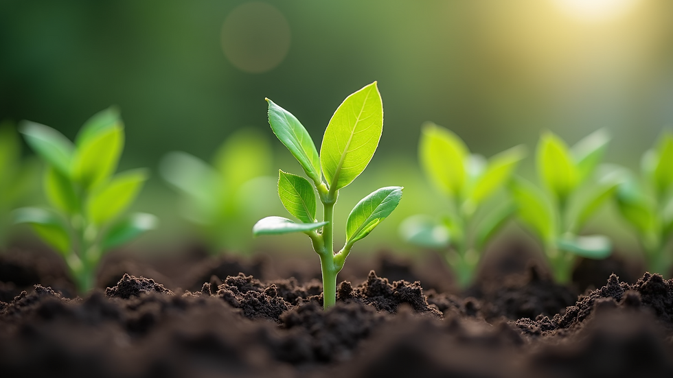Close-up view of young green saplings in soil