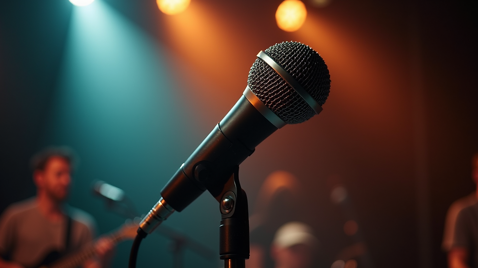 High-angle view of a vintage microphone on stage