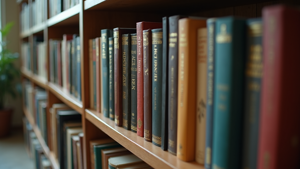 High angle view of a bookshelf filled with various novels