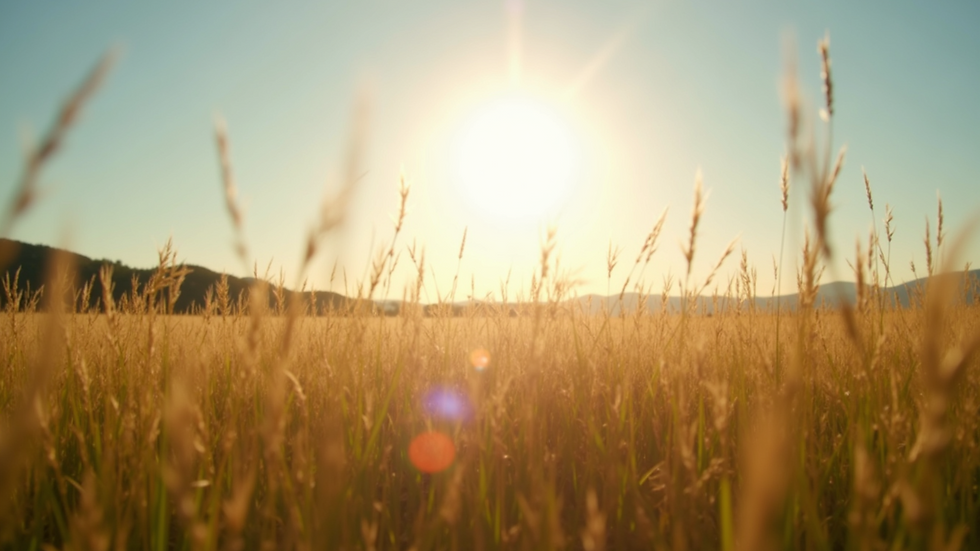 Eye-level view of a bright sun shining over a tranquil field