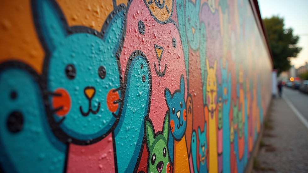 Close-up view of a vibrant community mural depicting various languages