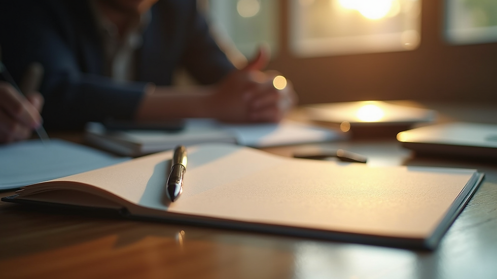 Close-up view of a writing desk with an ink pen and notes
