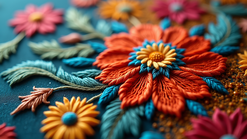 Close-up view of a vibrant silk embroidery piece
