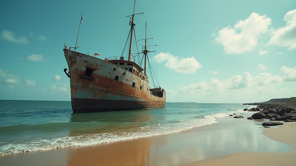 Eye-level view of an old shipwreck on a secluded beach