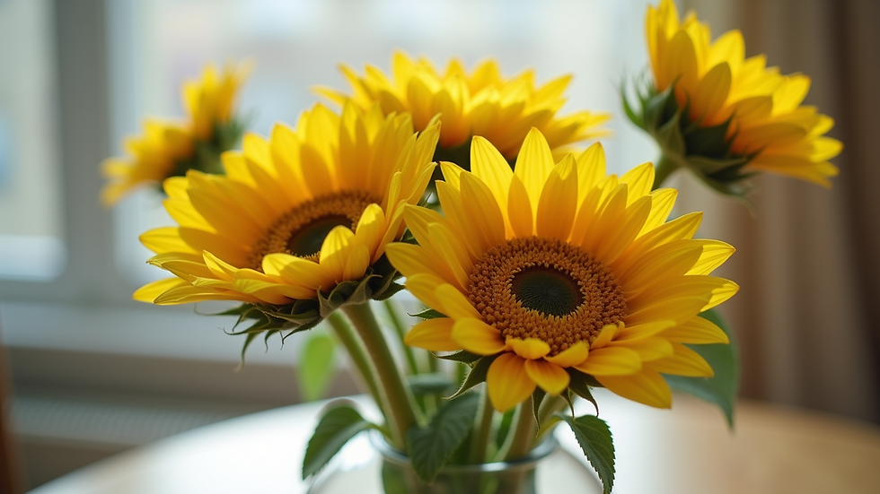 Close-up view of vibrant sunflowers in a vase