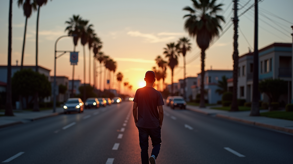Eye-level view of a solitary figure on a deserted street in Long Beach at twilight