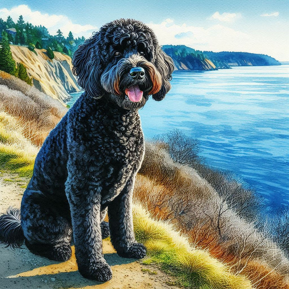 A labradoodle out for a walk on a bluff on Whidbey island.
