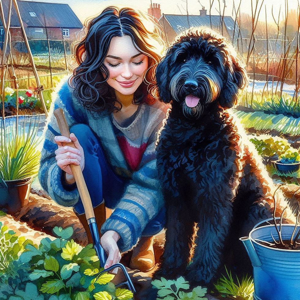A woman and a dog gardening