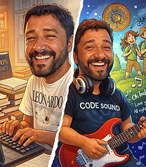duas caricaturas do autor. Uma como autor e escrevendo. A outra mostra o autor tocando guitarra.