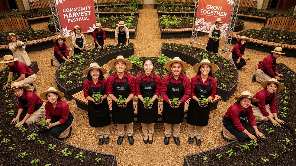 High angle view of a community garden with volunteers planting
