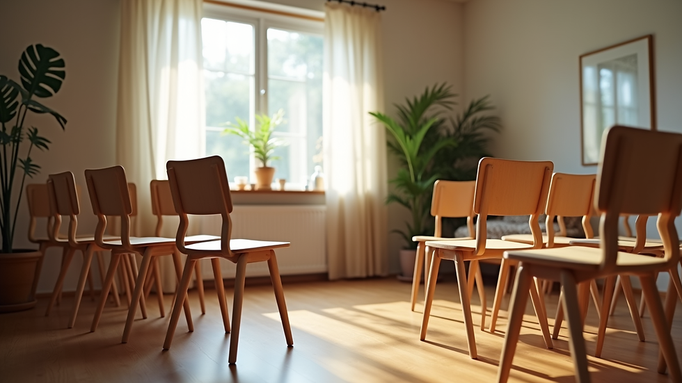 Eye-level view of a cozy room set up for a parent meeting with chairs in a circle