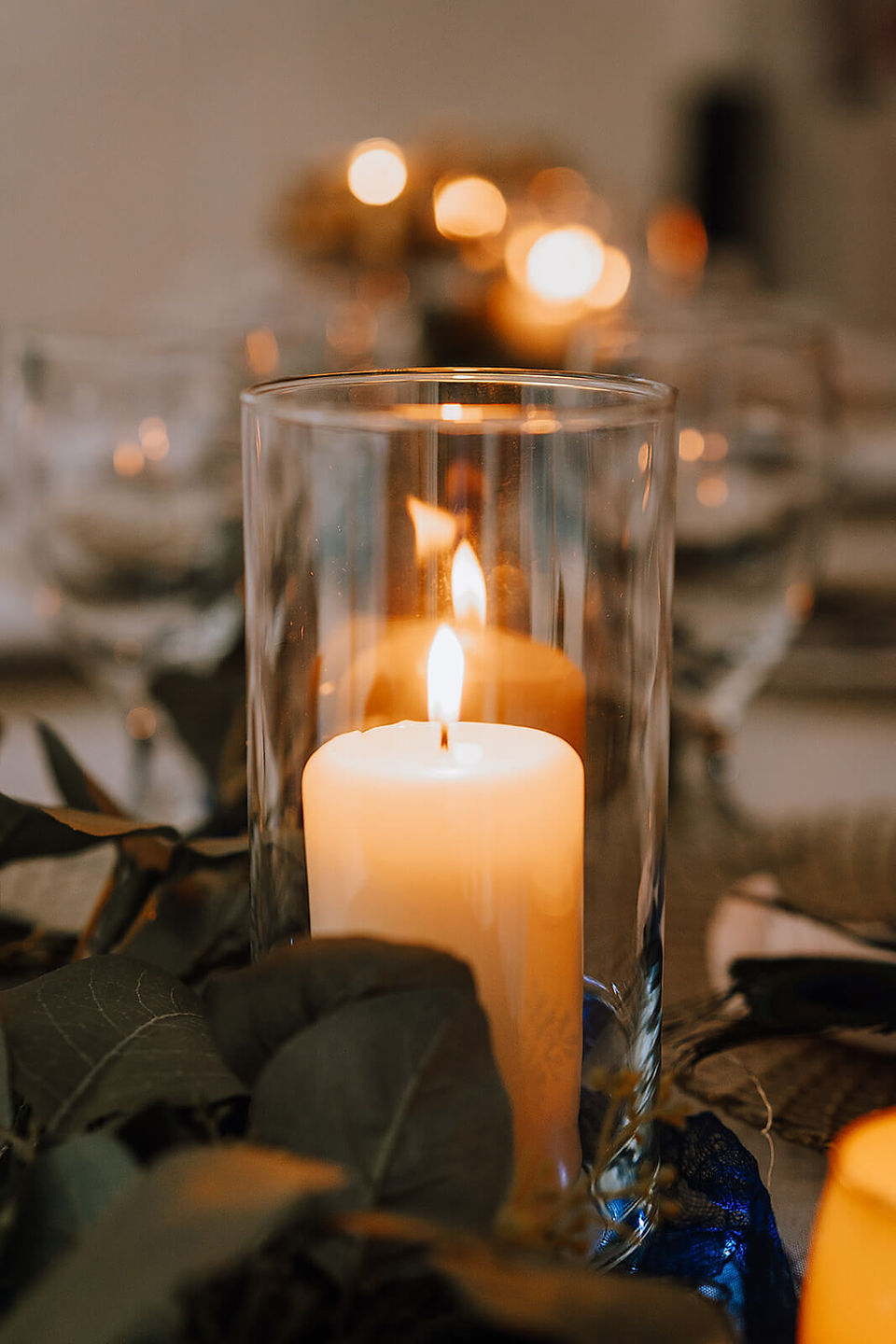 Candles and Eucalyptus Wedding Centerpiece  
