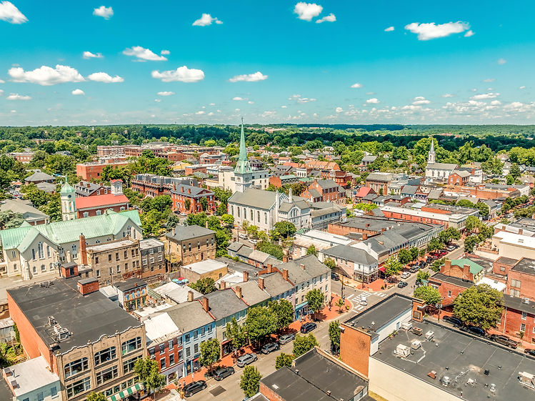 An aerial shot of Downtown Fredericksburg.