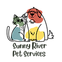The Sunny River Pet Services logo is the outline of a cartoon cat and dog with splotches of green, blue, yellow, and red!