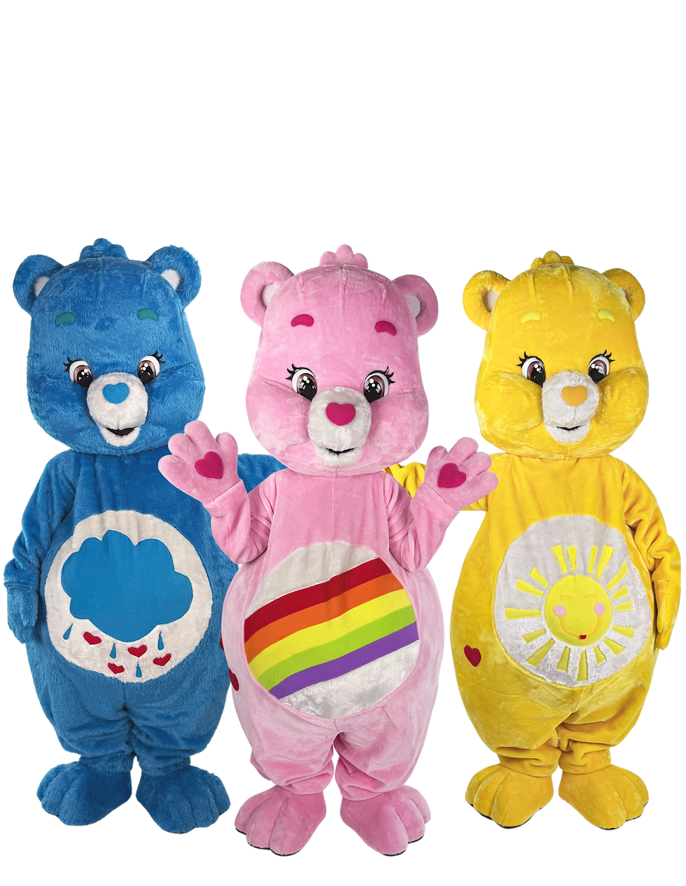 Mascottes Bisounours rose jaune bleu costumes Care Bears fond blanc personnages tout doux pour enfants