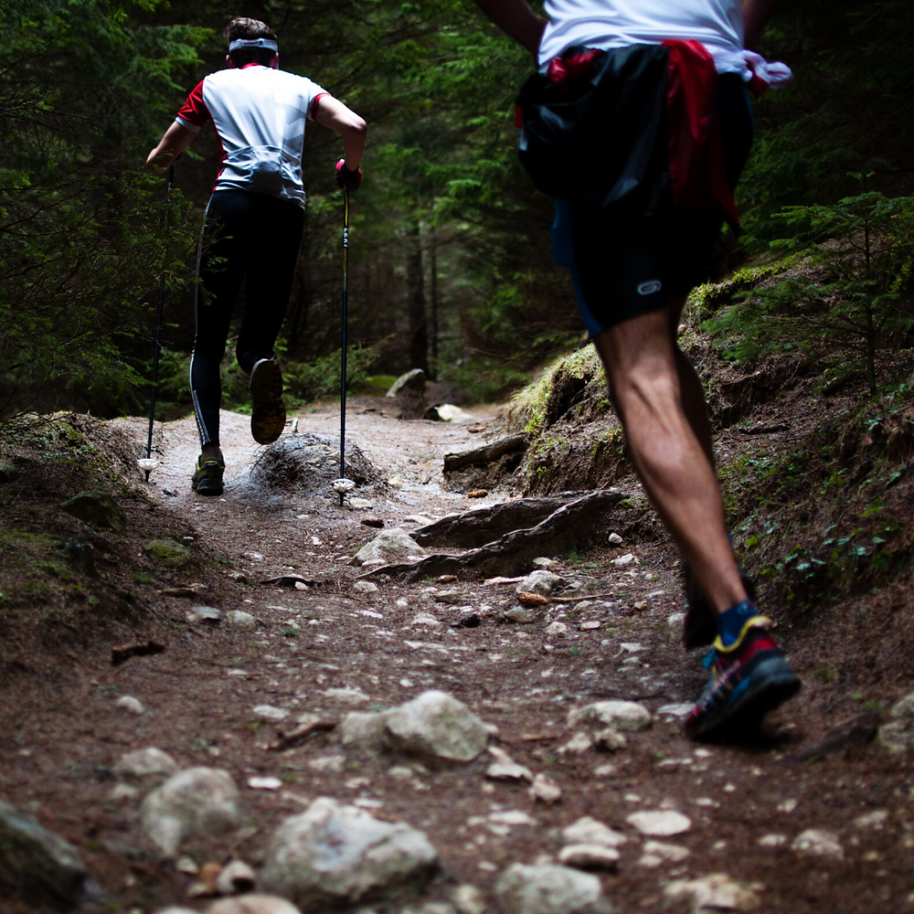 Two guys running in a forest trail