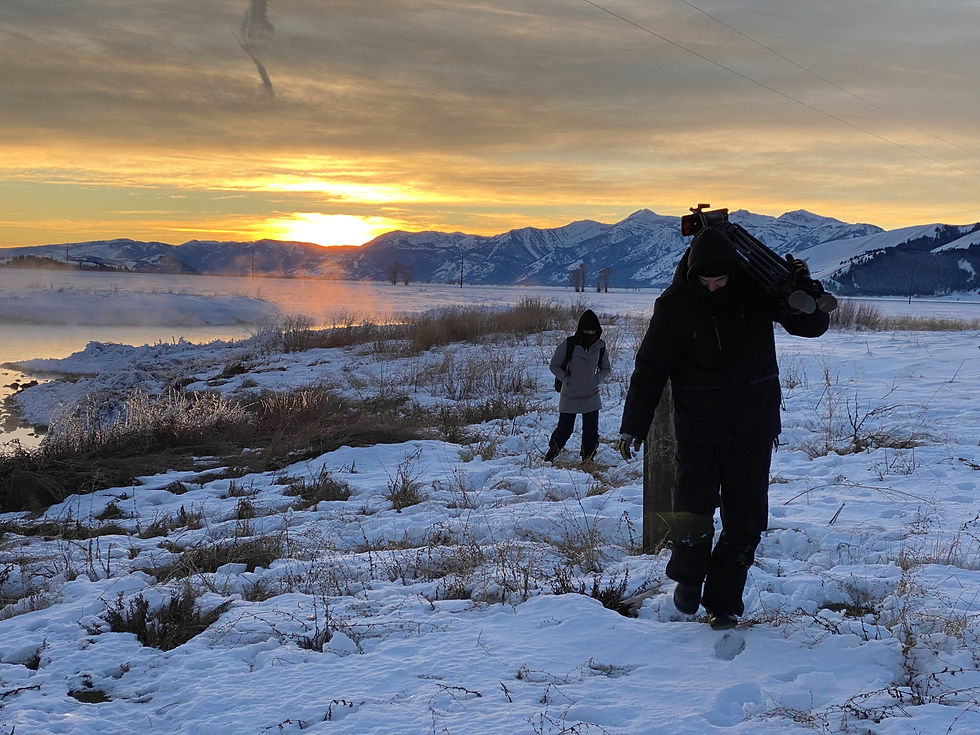Eye-level view of camera setup on rocky terrain in Wyoming