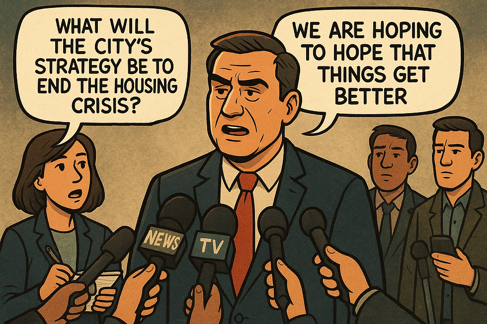 Politician in suit speaks to reporters holding microphones. Speech bubbles read: "What will the city's strategy be to end the housing crisis?" and "We are hoping to hope that things get better."