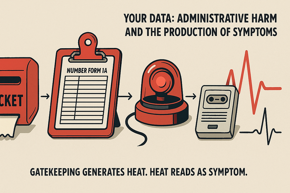 Illustration of a red ticket box, clipboard, siren, and monitor. Text: "Your Data: Administrative Harm." EKG line in background.