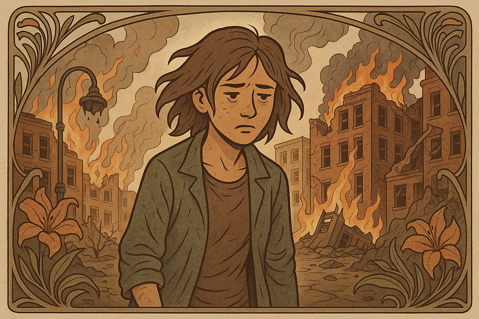 A somber individual walks through a burning cityscape, surrounded by flames and smoke. Decorative flowers frame the scene. Mood: Desolate.