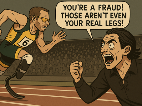 Runner with prosthetic legs on track, number 6 bib, confronted by shouting man in a crowd. Speech bubble: "You’re a fraud!" Energetic scene.