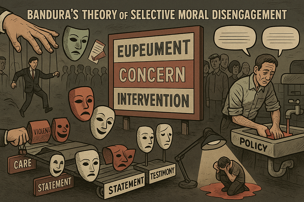 Illustration of a puppet master's hand controlling figures with masks, depicting moral disengagement. Background shows a man at a "Policy" sink.