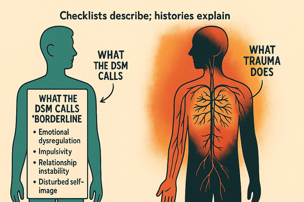 Two silhouettes: one green with DSM traits listed; one red with internal trauma depiction. Text reads "Checklists describe; histories explain."