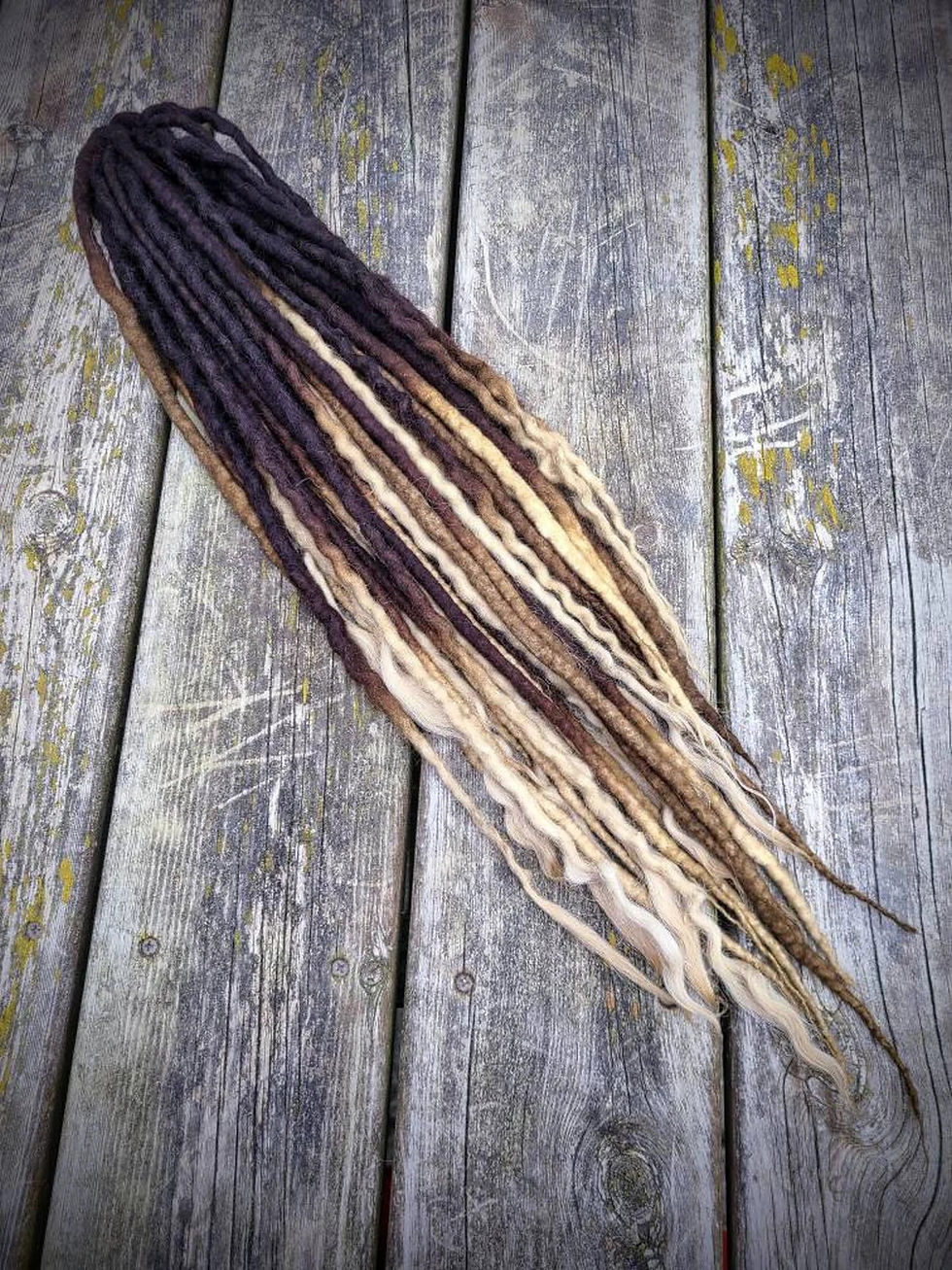 Thumbnail: Chocolate Brown to Warm Blonde Ombre Half Set of Wool Dreadlocks