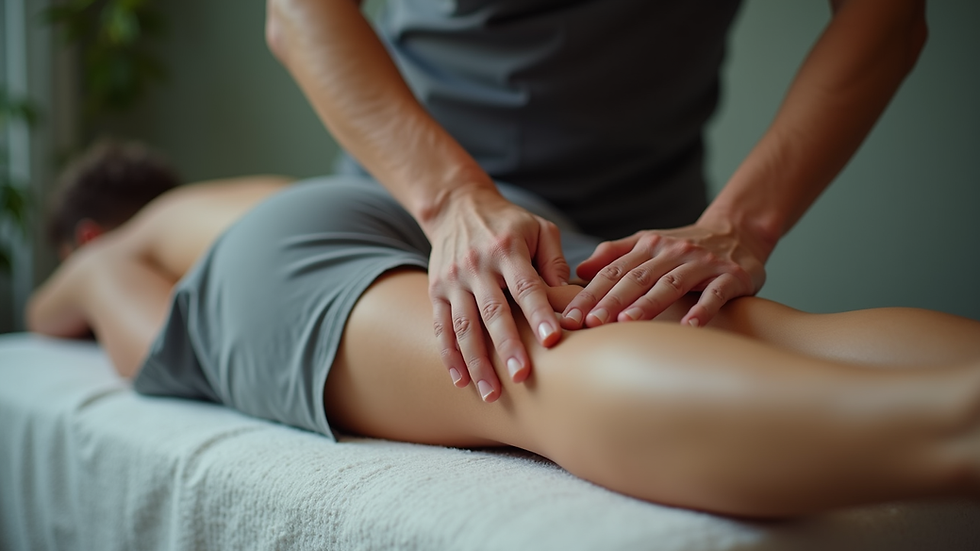Close-up view of massage therapist applying deep tissue massage on athlete’s leg