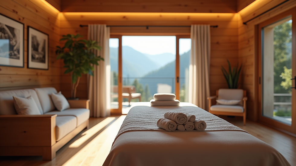 Eye-level view of a cozy chalet interior with a massage table set up