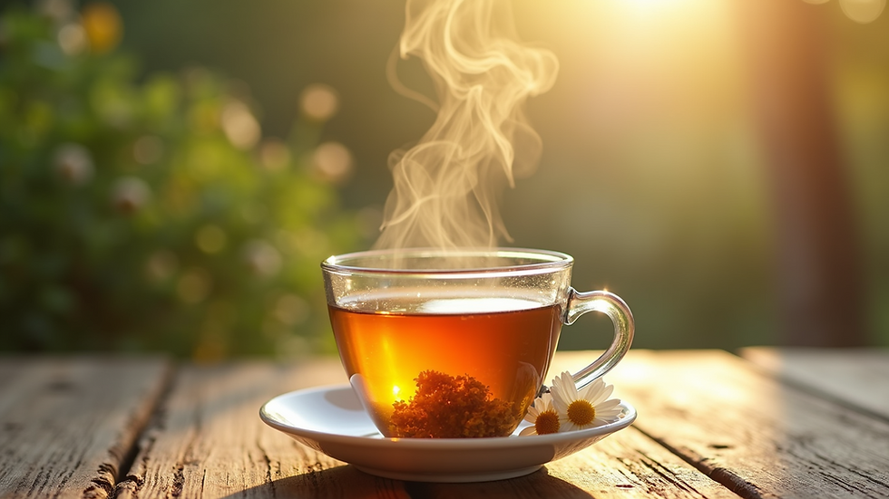 Close-up view of a steaming cup of chamomile herbal tea on a wooden table