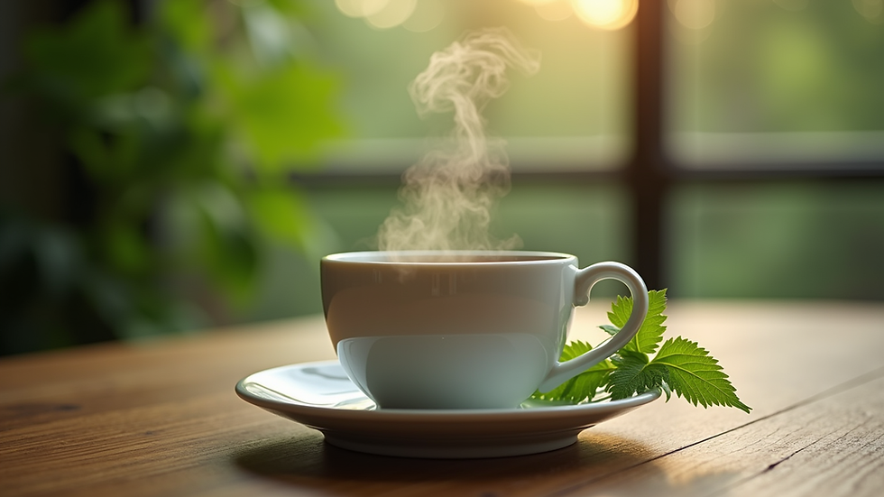 Eye-level view of a steaming cup of nettle tea on a wooden table
