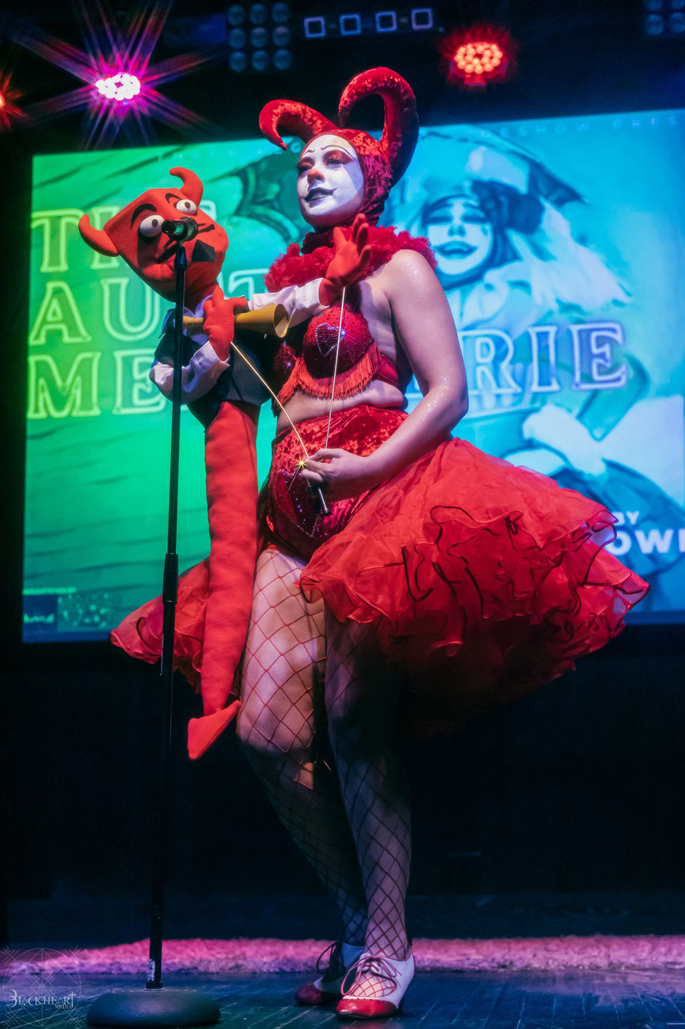 Havoc the Clown with a devil puppet