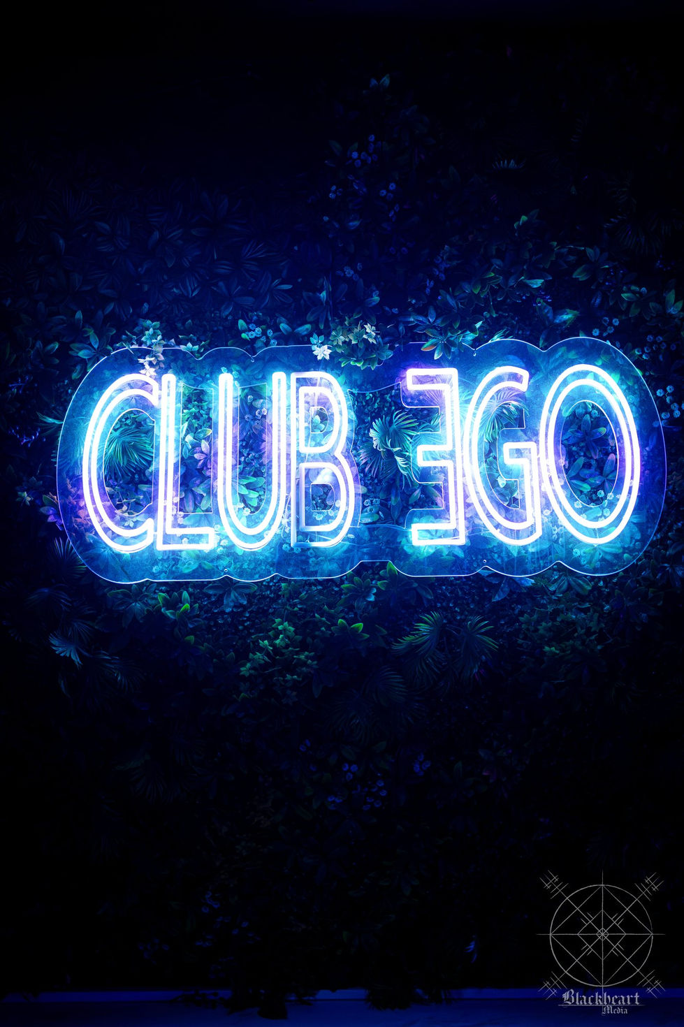 Glowing Club Ego neon sign on a living plant wall