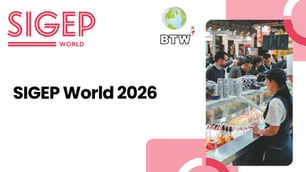 A BTW Visa Services creative promoting SIGEP World 2026, the global exhibition for gelato, pastry, chocolate, bakery, and coffee, held in Rimini, Italy from January 16–20, 2026. The image  shows a busy exhibition hall with dessert and gelato counters, visitors exploring stalls, and event details displayed on the left. The post highlights that BTW Visa Services assists attendees and exhibitors with Italy business visa and Schengen visa processing for a smoother travel experience.