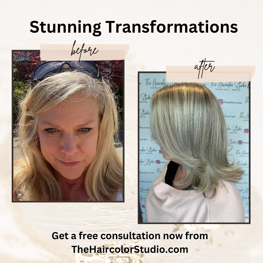 Long blonde transformed to dimensional ash blonde bob at The Haircolor Studio Seattle.