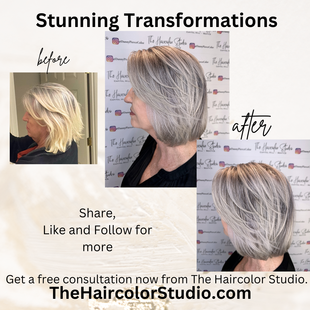 Client in black top. Before shows yellow blonde chin-length bob. After shows three angles of silver gray bob with darker pieces at the nape.