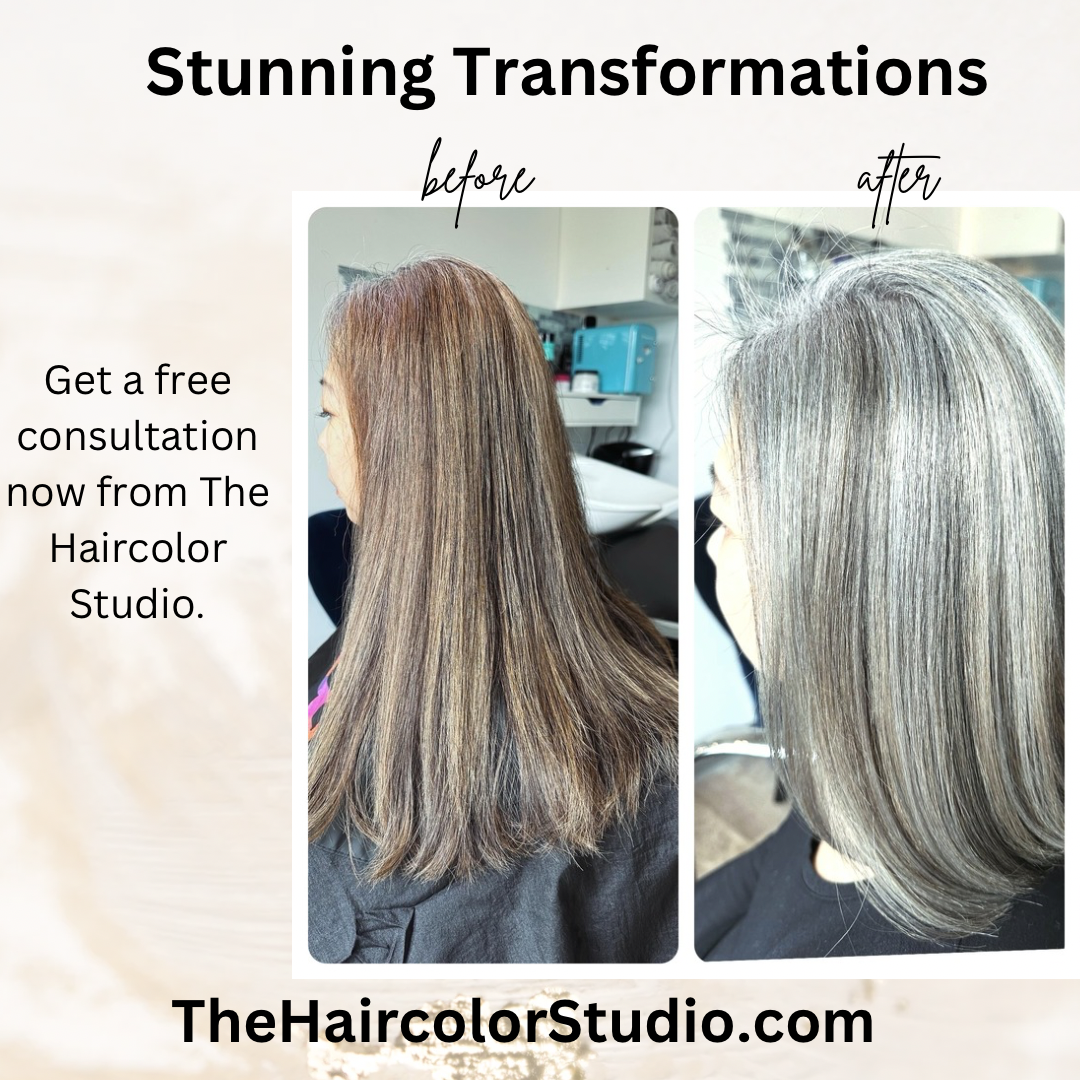 Brown hair with gray roots transformed to silver gray with lowlights at The Haircolor Studio Seattle.