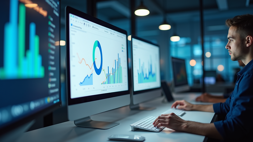 Eye-level view of a digital marketing workspace filled with analytics charts