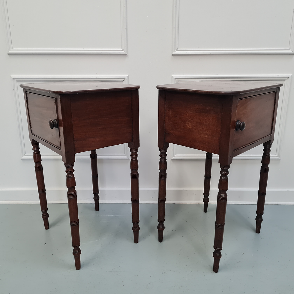 Thumbnail: Rare Pair of Mahogany English Bedside Tables c1830