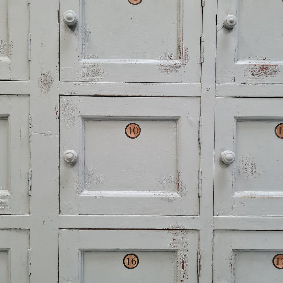 Thumbnail: Huge Set of French Painted Pine Lockers C1850