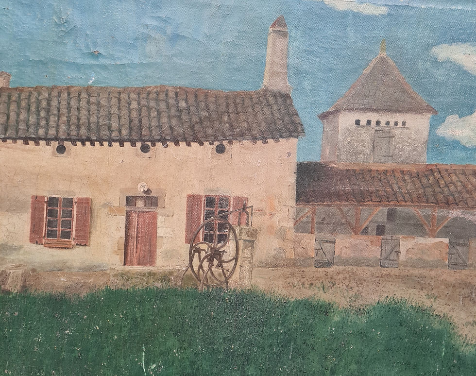 Thumbnail: Primitive Folk Art Large Antique Painting of Farmhouse