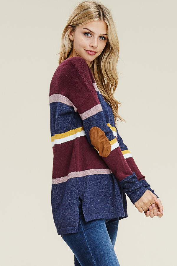 Thumbnail: Suede Elbow Patch Striped Sweater
