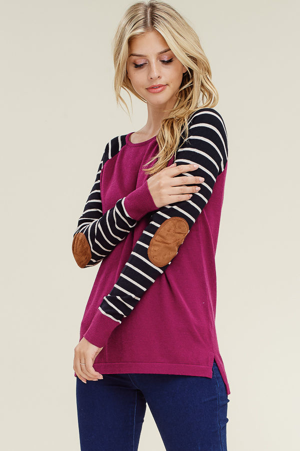 Thumbnail: Striped Sleeve Baseball Tee Sweater With Suede Elbow Patches