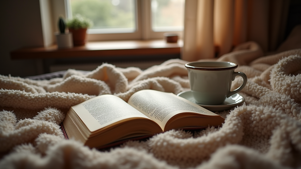 Close-up view of a cozy reading nook with a warm blanket and coffee