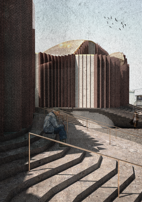 Exterior Perspective | Front Elevation of Stairs and
