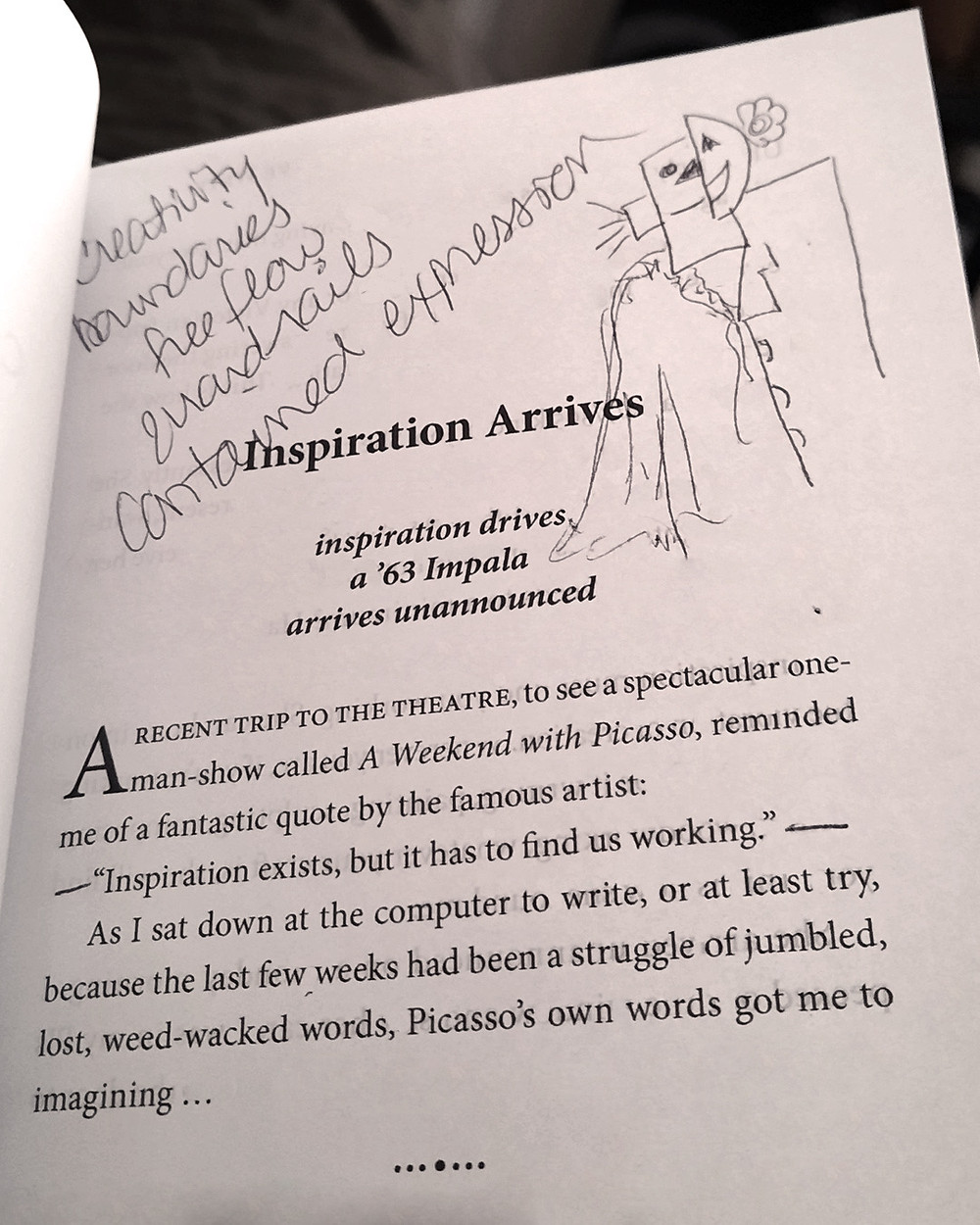 Image of book chapter called Inspiration Arrives with a poem underneath: inspiration drives/ a 63 Impala/ arrives unannounced. Over the book page are handwritten words and a figural drawing.