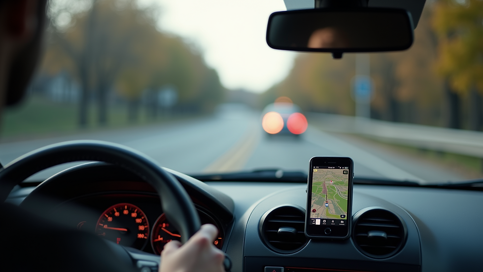 Eye-level view of a vehicle dashboard with GPS navigation system