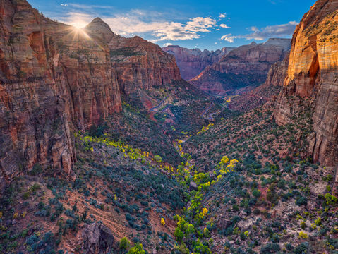 Zion National Park Canyon Overlook Trail at sunset with glowing red cliffs and fall colors — fine-art landscape photograph by Gary Love.