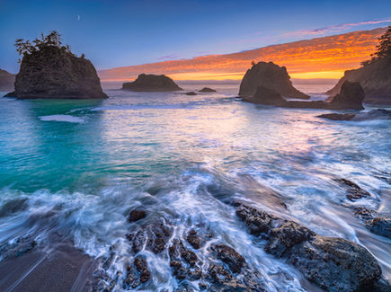 Oregon Coast sunset with moonrise over ocean cliffs — fine-art coastal landscape photograph by Gary Love.